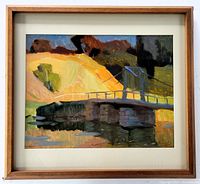 Framed oil painting on paper showing a landscape with a bridge, yellow hill, and blue sky. Vintage wood frame with matting and plexiglass cover.