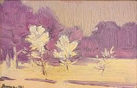 Close-up of painting showing thick impasto trees, pale lavender and cream tones, lower left signature ‘…1961’.