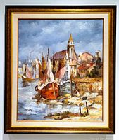 Frontal view of oil painting in wood frame showing the coastal fishing port scene with boats and buildings.