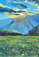 Close-up of the original acrylic painting on paper showing the sun rays, mountains and wildflower field in vibrant colors.