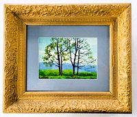 Frontal photo of the vintage framed oil painting showing the ornate gold frame and the artwork centered behind glass.