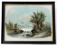 Frontal view of the framed lithograph showing landscape scene with trees, water, and mountains.