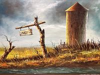 Close-up view of countryside farm oil painting showing silo, post with hanging sign, and landscape details.