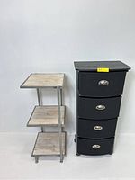 Front view showing both the black 4 drawer rolling storage organizer and the 3 tier metal shelf with wooden platforms.