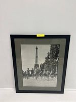 Framed vintage black and white photograph of Parisian school children in front of Eiffel Tower, full view of frame and photo