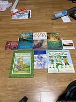 Photo showing all books and CDs laid out on a wooden floor including novels by Maeve Binchy, Irish children's books and two CDs.