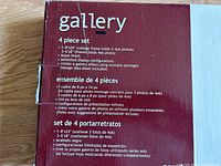 Label on the box indicating Gallery 4 piece frame set with frame sizes and details