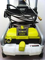 Front view of unit showing plastic housing, soap tank, frame, and Sun Joe logo.