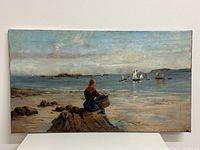 Full front view of the rectangular oil painting showing a woman on rocks and sailboats at sea