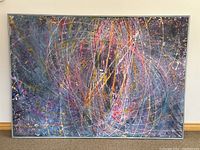 Full view of large signed abstract painting "Crazy Science" with a dark background and colorful linear and splattered details.
