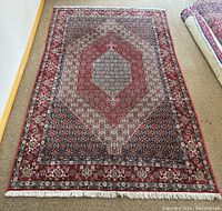 Full surface of rug laid flat showing central medallion and borders