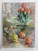 Full view of vintage still life oil painting showing tulips in pot with apples and glass bowl on a muted background