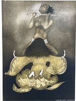 Close-up photo of the etching showing detailed artwork of a figure with patterns and muted tones.