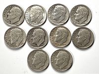 Obverse side of ten U.S. Roosevelt dimes showing dates and profiles.