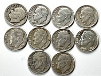 Front sides of 10 Roosevelt dimes dated between 1940 and 1964.