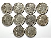 Front side of 10 Roosevelt dimes showing dates ranging from 1947 to 1964, profile of President Roosevelt, circulated condition.