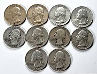Obverse side of 10 Washington silver quarters, showing dates from 1935 to 1964 and featuring Washington's profile and inscription LIBERTY.