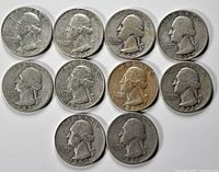 Obverse side of 10 pre-1965 Washington quarters showing George Washington's profile and mint dates from 1935 to 1964.