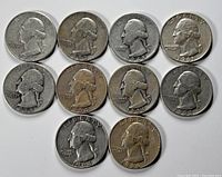 Front side showing obverse of ten Washington quarters dated between 1941 and 1964.