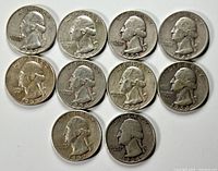 Obverse sides of 10 U.S. Washington quarters showing dates from 1934 to 1959. Coins show wear and circulated condition.