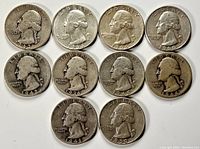 Obverse view showing George Washington on ten silver quarters dated from 1936 to 1964.