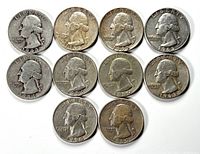 Obverse sides of 10 Washington quarters dated from 1943 to 1963, showing George Washington portrait and inscriptions.