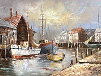 Close-up view of boats, buildings, and water reflections in the old wharf scene painting.