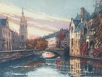 Close-up of etching showing colorful riverside scene with church steeple and bridge under pastel sky, reflecting in water