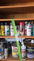 Shelf with assorted spray paint cans including enamel, rust paints, lacquer, and floor coatings.
