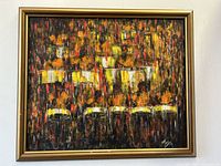 Full front view of framed painting against white wall