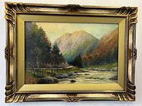 Full view of the framed oil painting showing the landscape scene with distant shepherd and sheep along a mountain river valley.