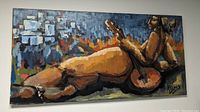 Front view of the large oil painting depicting an abstract nude reclining woman playing a guitar, showing full canvas and signature.