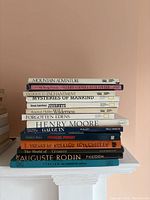 Stack of twelve non fiction books on a white shelf with titles related to art, adventure, and history.