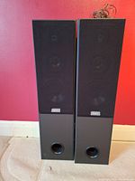 Photo showing front view of both Sony floor standing speakers with black grille and wired cables on top, placed on carpet with red background wall.