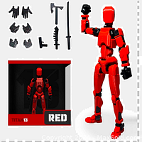 Red articulated Titan 13 action figure posed with six pairs of interchangeable black hands and three black weapons laid out beside it, displayed with its box.