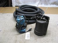 Two sump pumps (blue Little Giant 5 MSP and black unmarked) with coiled black discharge hose behind, showing cords and hose condition.
