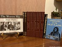 Photo showing a collection of books on American Indian topics including Navajo Profiles, The American Indians series by Time Life Books, Indians of the High Plains, and others.