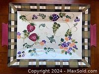 Top view of the rectangular serving platter tray with a plaid border and strawberry flower pattern interior.