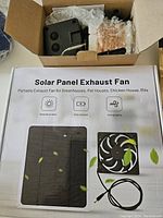 Box showing 10W solar panel and exhaust fan images with product features.