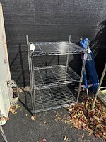 Small metal wire rack with three open wire shelves, shown outdoors against a black wall with some autumn leaves on the ground. Unit is standing assembled, showing full height and three tiers.