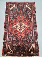 Full view of the rectangular Persian Hamedan rug showing central medallion geometric patterns and border detail.