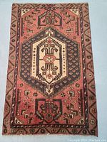 Full view of hand knotted Persian Hamedan rug showing geometric central medallion and border details.