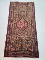 Full view of rectangular Persian Zanjan rug showing medallion and border patterns with muted earthy tones.