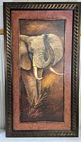 Full view of the elephant painting on wood with built-in frame showing entire artwork and frame.