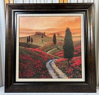 Front view of the framed artwork showing the scenic landscape of poppies and trees with a winding path.