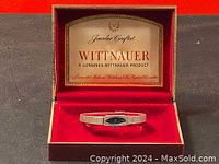 Watch displayed inside the original red velvet-lined Wittnauer box with the branded tag on the lid.