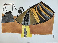 Close-up of the full artwork depicting two figures outside a traditional striped Inuit tent with a hanging seal below. Artistic style is graphic and illustrative with brown, yellow, black, and white colors.