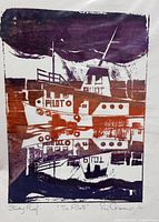 Full view of the signed study proof lithograph showing a pilot boat with reflections and bold colors.