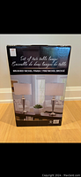 Photo of the closed retail box showing set of two table lamps with brushed nickel finish and fabric shades.