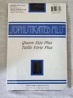 Packaging front showing the brand Sophisticated Miss, queen size plus, black sheer pantyhose with reinforced toes.